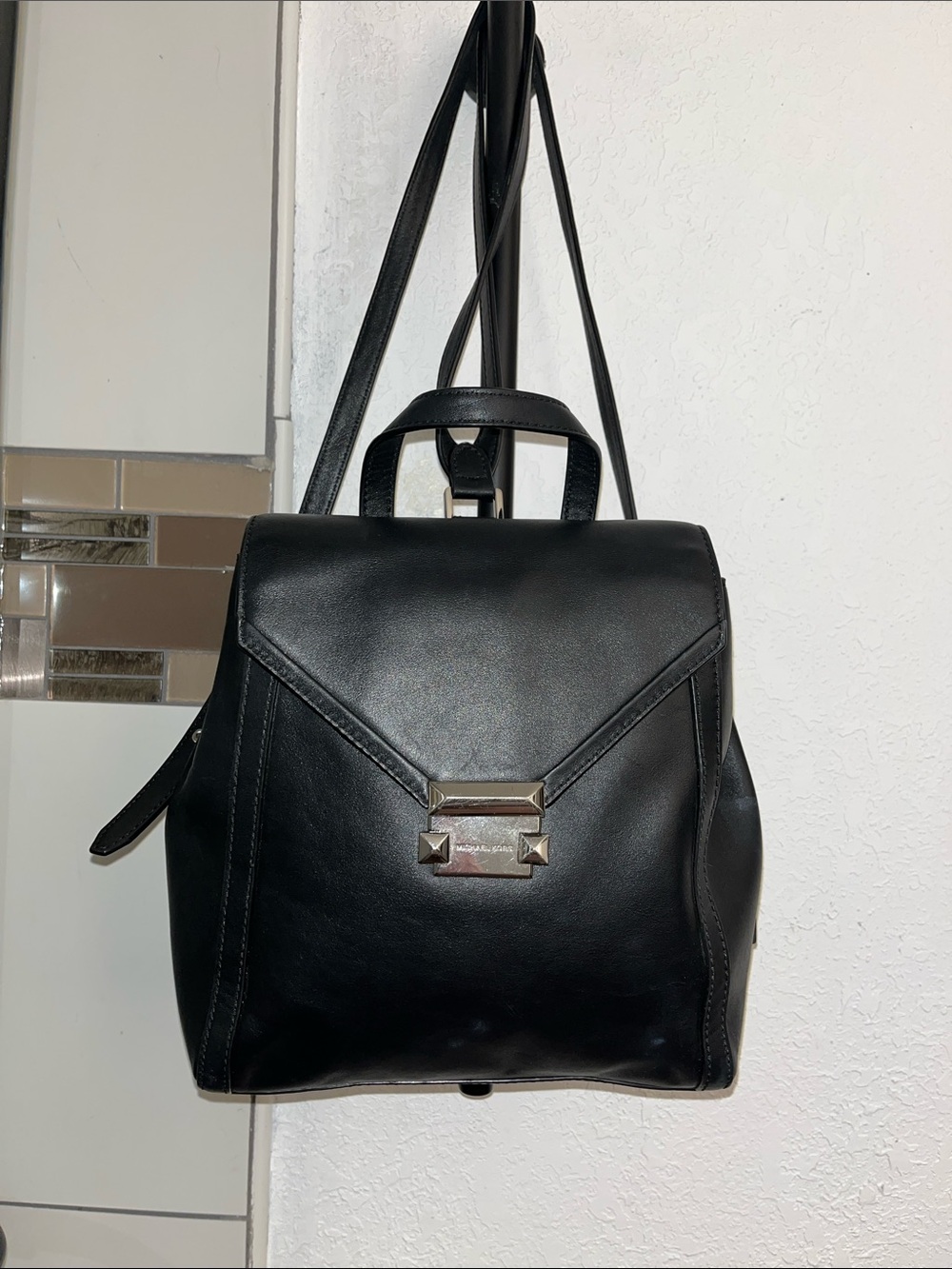 Michael Kors Whitney Medium Black Leather Backpack with Silver-Tone Hardware